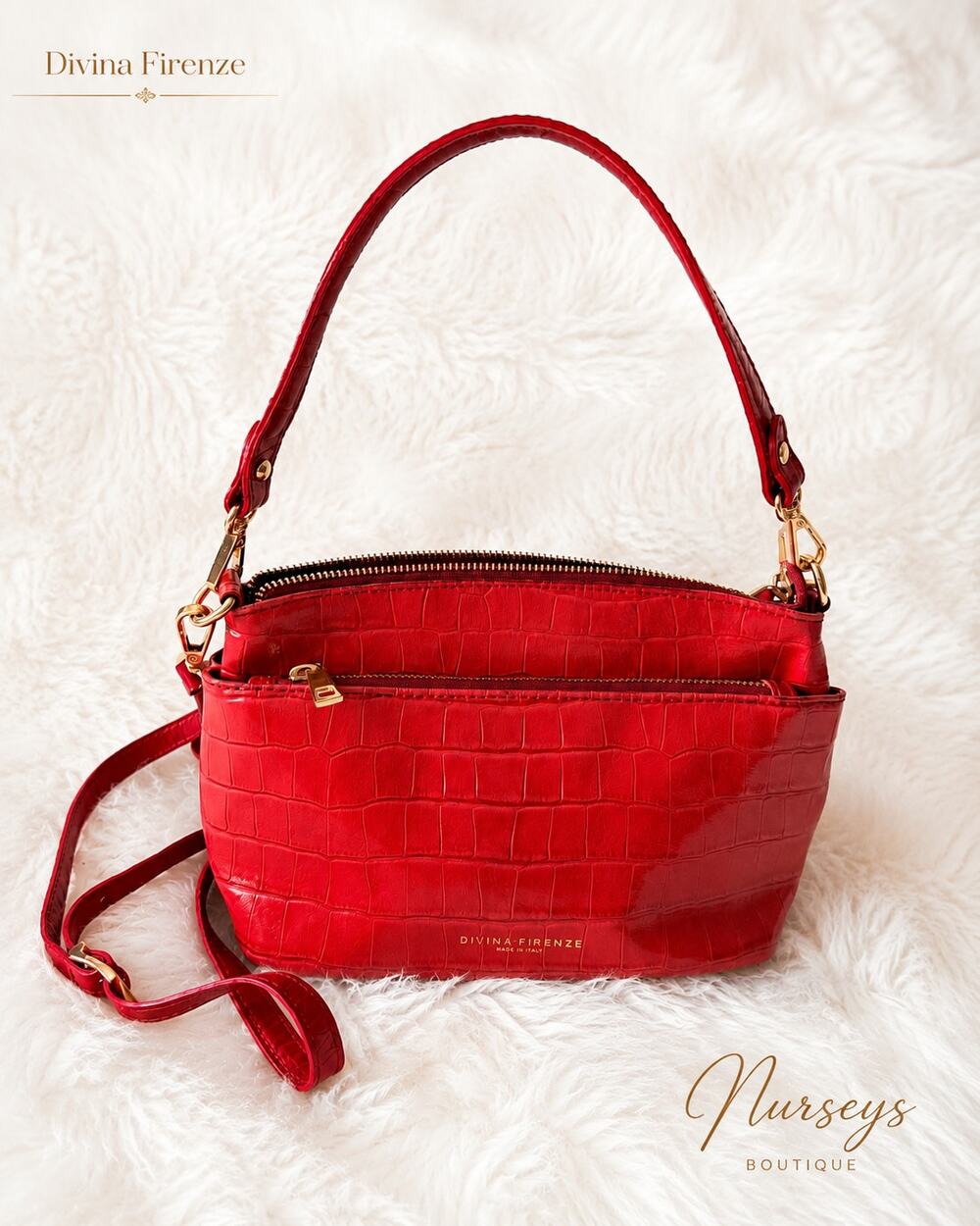 Divina Firenze Red Croc Embossed Leather Crossbody Shoulder Bag Italy